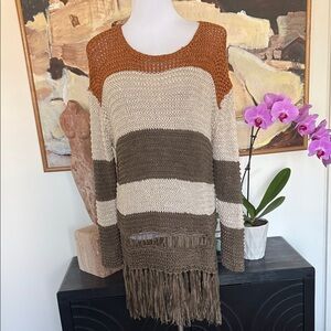 NWT ENTRO Striped Fringe Knit Sweater in Cream, Olive & Rust